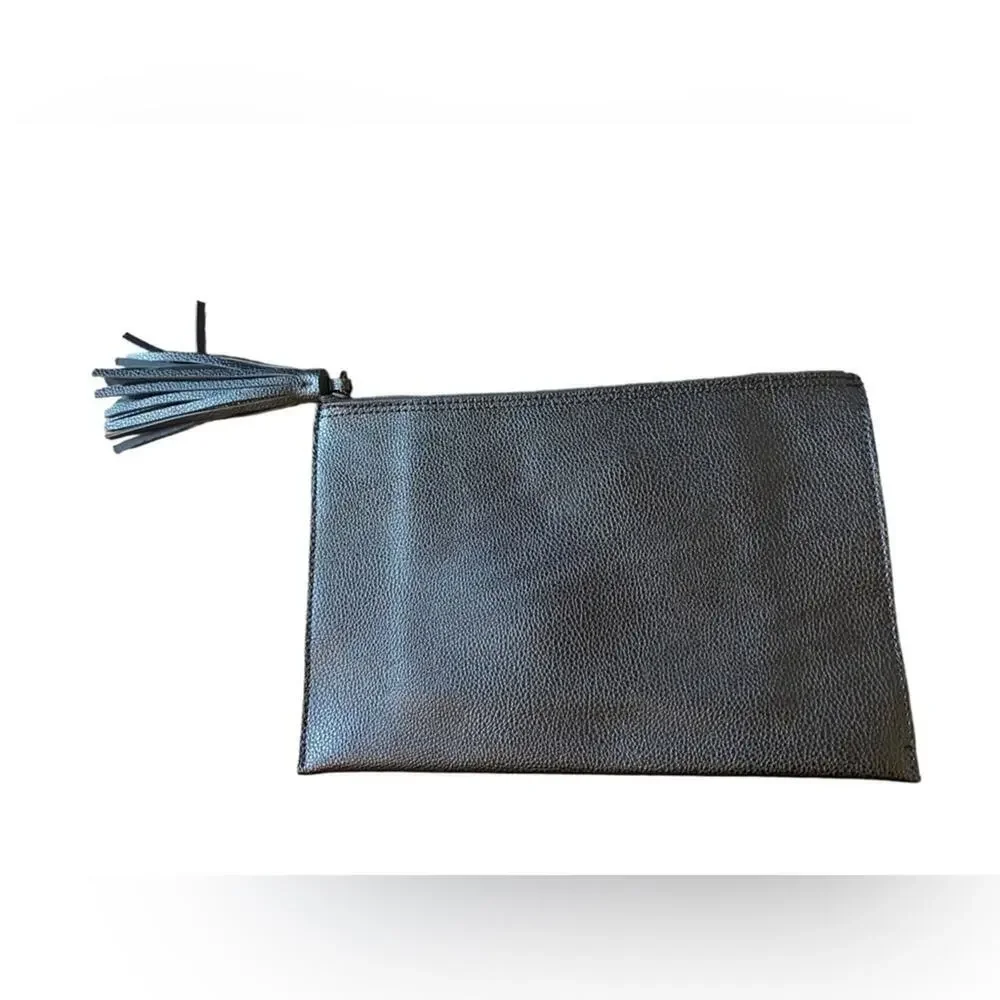 Parker Black Faux Pebbled Leather Zipper Fringe Pouch